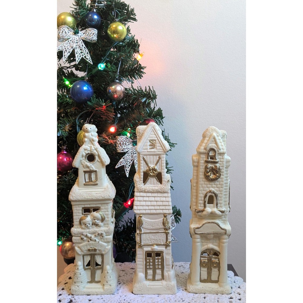 Vintage Ceramic Christmas Village Houses Set of 3 Lighted Holiday Buildings